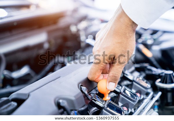 Hand checking engine oil, change oil car\
engine and filling the engine oil\
concept