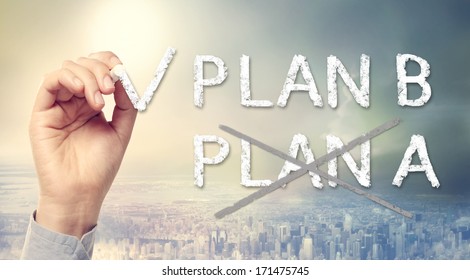 Hand checking PLAN B over the city skyline background