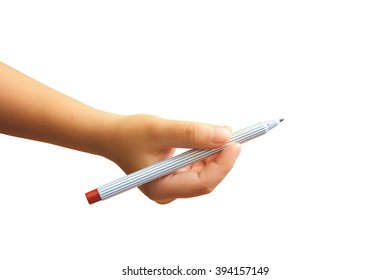 Hand Of Child Holding Color Pen ,isolate White Background