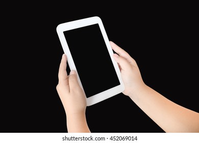 Hand Of Child Holding Tablet ,isolate Black Background