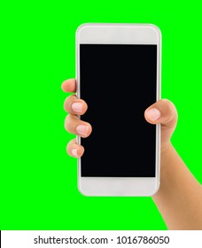 Hand Of Children Holding A Modern Smart Phone Isolated Cutout On Green Background With Chroma Key