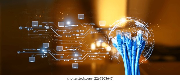 Hand choose lots of RJ45 UTP Cat6 LAN internet network cable fiber optic and Lots of Ethernet cables for data link connect computer server networking devices system to switch or hub modem router. - Shutterstock ID 2267203647