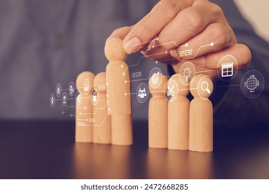 Hand choose person with HR human resources icons for personal leader training skill or leadership and business team creative thinking and organization management teamwork or team player challenge.