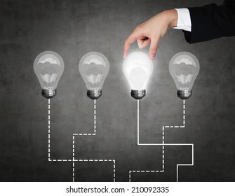 A Hand Chooses One Lightbulb Out Of Four Other. A Metaphor Of The Right Decision.