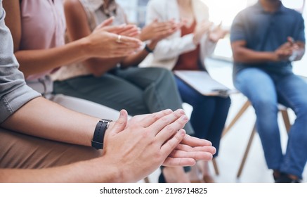 Hand Clap, Audience Row And Corporate Workshop At Tradeshow Or Seminar Pitch With Coworkers. Gratitude, Thank You Or Friendly Welcome Gesture From Crowd At Business Meeting With Applause.