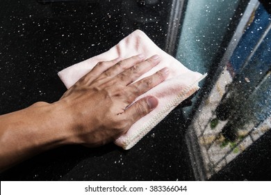 Hand Cleaning Black Marble Stone Counter Bar