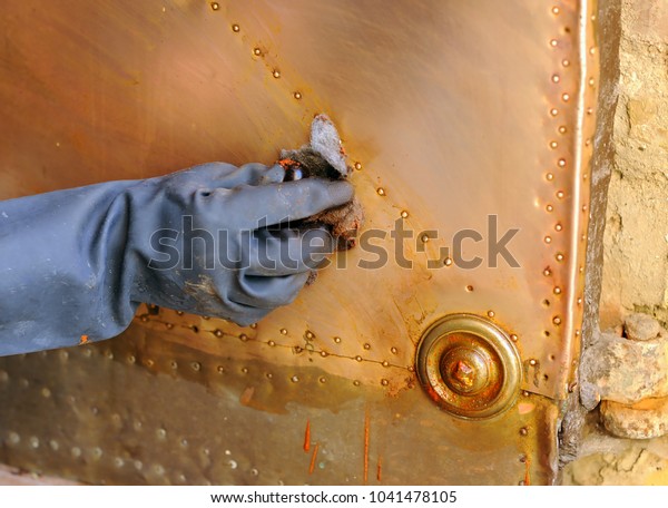 Hand Cleaning Brass Lining Old Wooden Stock Photo Edit Now