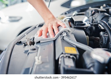 Hand Cleaning Car Engine With A Rag,worker