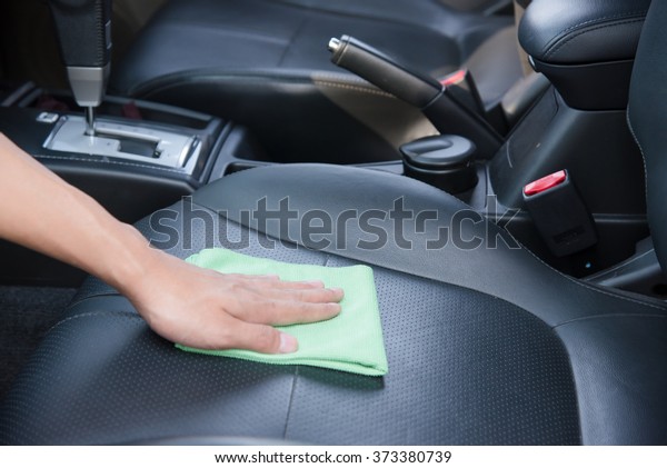 Hand Cleaning Car Interior Green Microfiber Stock Photo