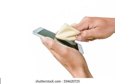 Hand Cleaning Touch Screen Mobile Phone On White Background