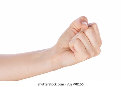 Hand with clenched a fist on white background.