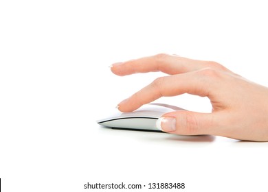 Hand Click On Modern Computer Mouse Isolated On A White Background