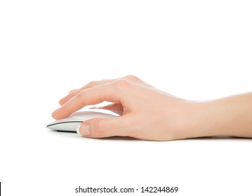 Hand Click On Modern Computer Mouse Isolated On A White Background