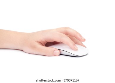 Hand Click On Modern Computer Mouse Isolated On A White Background