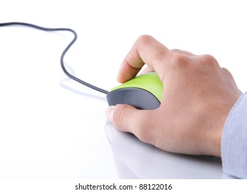 Hand Clicking Computer Mouse Isolated Over White Background