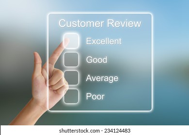 Hand Clicking Customer Review On Virtual Screen Interface 