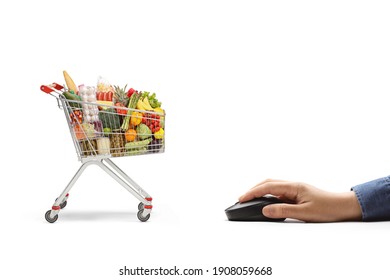 Hand clicking on a computer mouse for online groceries shopping with a shopping cart isolated on white background