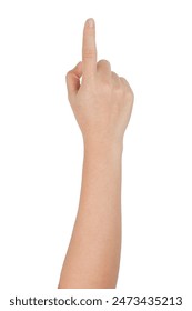 Hand clicking or pointing gesture side view on white background, vertical hand raising