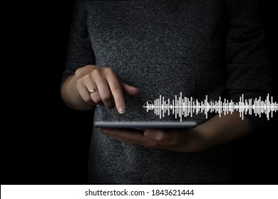 Hand Clicks On The Tablet To Listen To Music, Listening To Music On Mobile Devices, The Concept Of Music With You, Software Used For Recording, Editing And Producing Audio Files On Pc, Sound Creation