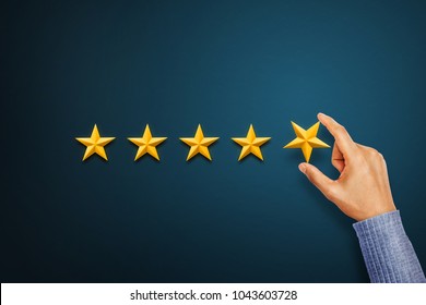 Hand of client giving a five star rating. Service rating, satisfaction concept