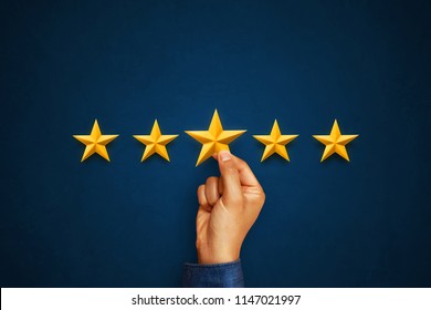 Hand Of Client Giving A Five Star Rating. Service Rating, Satisfaction Concept