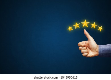 Hand of client show thumb up with five star rating. Service rating, satisfaction concept