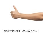 Hand of client show thumb up isolated on white background. Service rating, satisfaction concept. Male hand showing thumb up