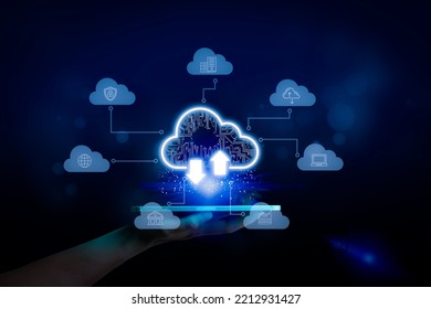A hand with cloud computing diagram shows on hand. Cloud technology, Data storage, Networking and internet service concept.
