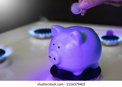 A hand with a coin over a piggy bank burning on a gas fire