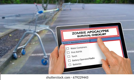 Hand completing Zombie Apocalypse survival checklist on a computer tablet - infront of empty supermarket carpark
