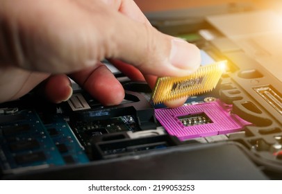 Hand of computer engineering brings computer cpu processor memory change components into socket processor for maintenance.Technology and development concept. CPU contacts close up shot.
             