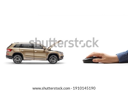 Hand with a computer mouse making an online appointment for car service isolated on white background