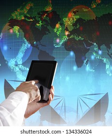 hand and computer tablet with modern office building background use for modern business and city life style