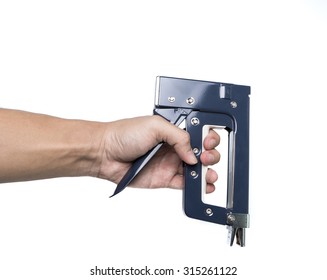 Hand With Construction Stapler Isolated On White