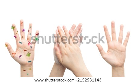 Hand contaminated with germs pre and post hand washing isolated on white background. Handwashing with soap and proper sanitation are critical for stop the spead of illness. Hand hygiene concept.