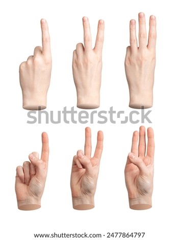 Hand counting fingers. One, two, three, isolated sign. Gesture showing quantity, score, number. Countdown set. Palmar, dorsal views. Maths language collection. white background.