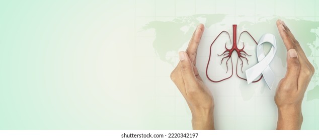 hand cover sign symbol of lung and white ribbon awareness for lung disease protection, World Lung Cancer day, world tuberculosis day or other each about lung health - Powered by Shutterstock