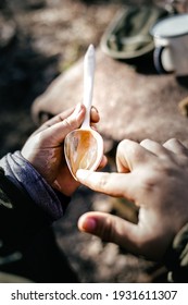 Hand Crafted Wooden Spoon On Old Wood In Nature