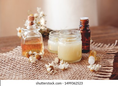 Hand cream and lip balm in a glass jar. Natural organic cosmetics