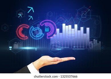 Hand with creative digital interface. Innovation and hud concept.
