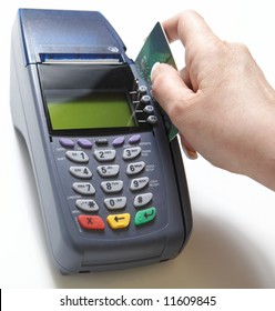 Hand With Credit Card Swipe Through Terminal For Sale