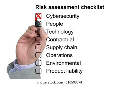 Hand Crosses Off The First Item Of A Risk Assessment Checklist On White Background