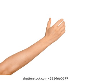 Hand curls into a grasping shape, arm extended. Fingers close around something unseen.