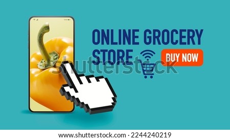 Hand cursor clicking on fresh vegetables on smartphone screen, online grocery store app