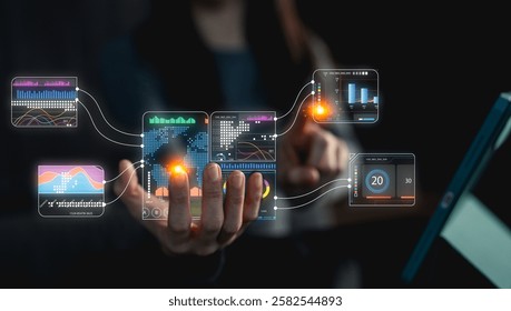 A hand is depicted interacting with digital data visualizations, showcasing graphs and information in a futuristic, tech-focused environment.