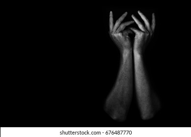 Hand Of Depressed And Hopeless Man Alone In The Dark, White Tone