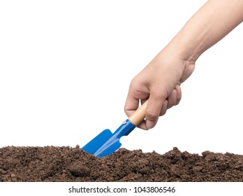 Hand Digging Soil By Shovel Isolated On White Background