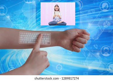 Hand with digital implants and microchips under the skin, digital communication technologies, futuristic technology with biometric implants
