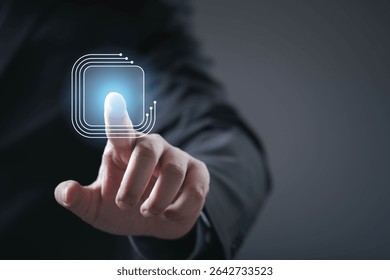 A hand with a digital interface touchpoint symbolizes interaction with technology and innovation in a modern context.