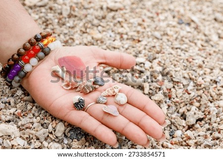 Hand displays various collected seashells and colorful bracelets on a sandy beach